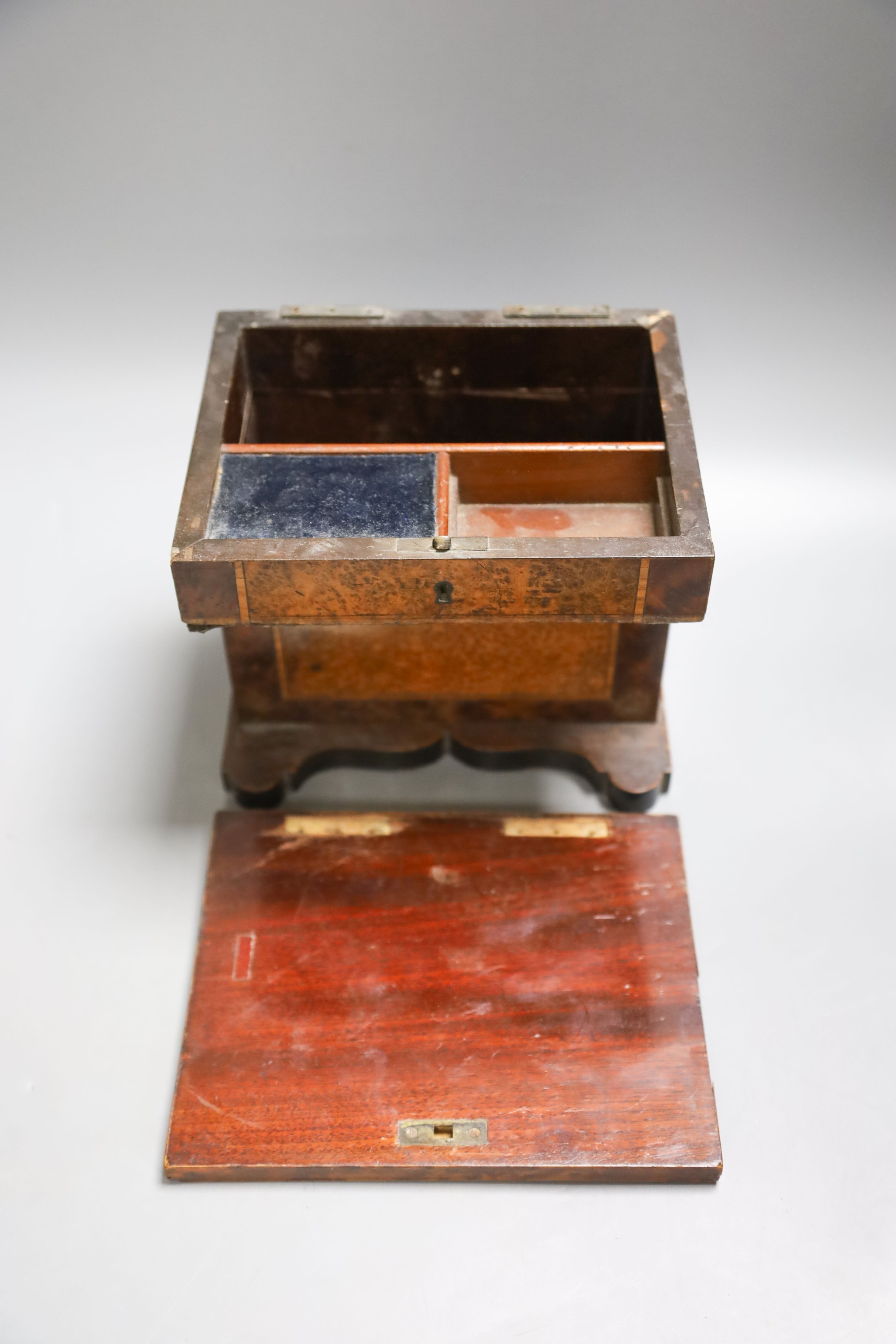 A 19th century banded burr walnut and satinwood miniature writing desk, faults, together with a Chinese fengshui hardwood compass 18cm